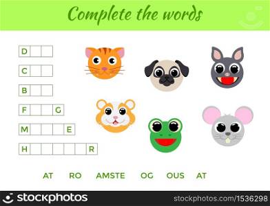 Matching educational game for children with cute animals. Write missing letters and complete words. Educational activity page for study English. Isolated vector illustration.