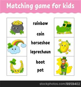 Matching game for kids. Find the correct answer. Draw a line. Learning words. Activity worksheet. St. Patrick’s day. Cartoon character.