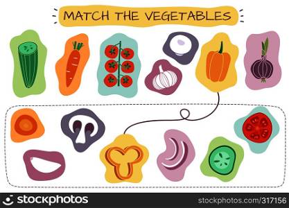 Matching vegetables game. Education kids games with cartoon vegetable attention matching pair quiz pastime vector illustration. Matching vegetables game. Education kids games with cartoon vegetable attention matching pair quiz pastime illustration