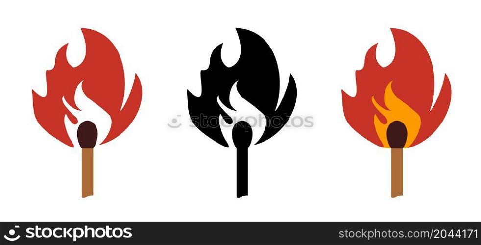 Matchstick, lucifer sign. Smoking, fire or flame logo. Burning matches icon. Matches pictogram. Match lighted icon. Funny flat vector cartoon. Red, orange flames
