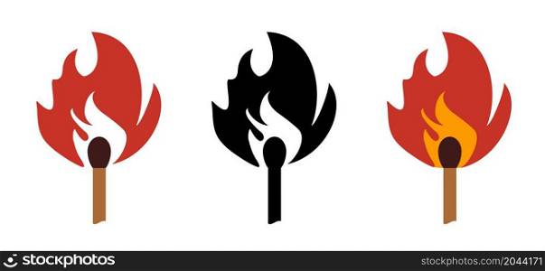 Matchstick, lucifer sign. Smoking, fire or flame logo. Burning matches icon. Matches pictogram. Match lighted icon. Funny flat vector cartoon. Red, orange flames