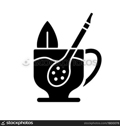 Mate straw black glyph icon. Stick that filters dried mate tea parts. Bombilla tool made from metal or wood. Traditional latin utensil. Silhouette symbol on white space. Vector isolated illustration. Mate straw black glyph icon