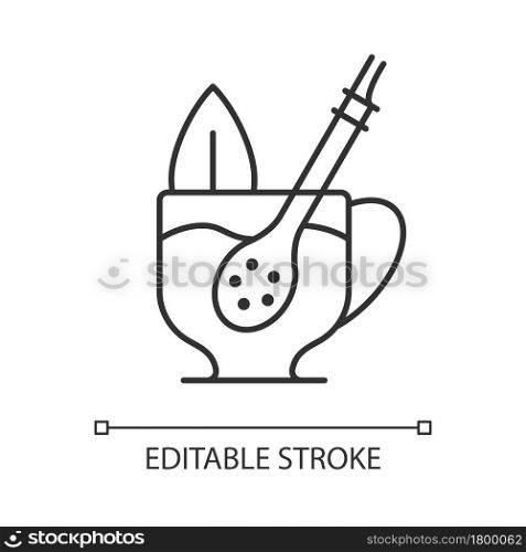 Mate straw linear icon. Stick that filters dried mate tea parts. Bombilla from metal or wood. Thin line customizable illustration. Contour symbol. Vector isolated outline drawing. Editable stroke. Mate straw linear icon
