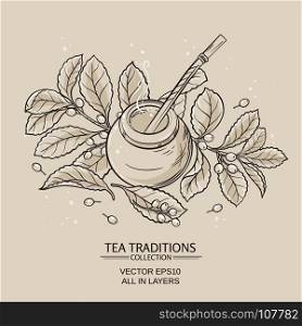 "mate tea in calabash and bombilla and "yerba mate" plant. Illustration with mate tea in calabash and bombilla and "yerba mate" plant"