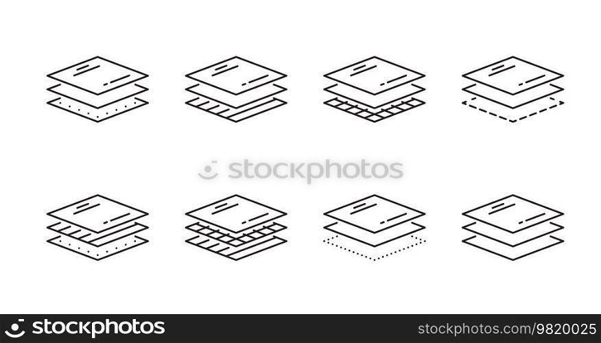 Material layer icons. Fabric, fiber, paper, filter or waterproof level layer stacks. Paper sheet stack, construction panel merge or textile material blend minimal vector symbols or outline icons. Material layer icon, waterproof fabric layer stack