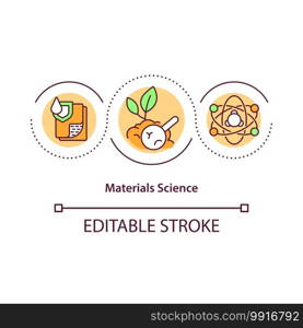 Materials science concept icon. Studying solid materials properties idea thin line illustration. Atoms structure. Chemical engineering. Vector isolated outline RGB color drawing. Editable stroke. Materials science concept icon