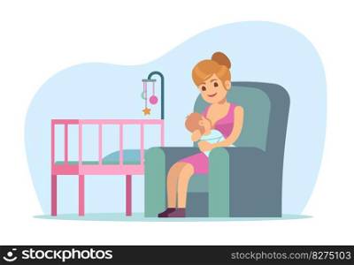 Maternity, breastfeeding, mother sitting and breastfeeding an infant. Loving mom with newborn baby in her arms sitting. Parenthood and childhood. Cartoon flat isolated illustration. Vector concept. Maternity, breastfeeding, mother sitting and breastfeeding an infant. Loving mom with newborn baby in her arms sitting. Parenthood and childhood. Cartoon flat illustration. Vector concept