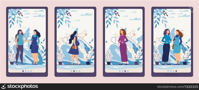 Maternity Clinic or Hospital. Pregnant Women Speaking, Talking, Sharing Emotions and Knowledge. Flat Wepages Set for Mobile Application. Motherhood and Healthcare. Vector Cartoon Illustration. Mobile Phone Screen Pages Set with Pregnant Women