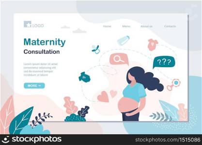 Maternity consultation landing page template. Beauty pregnant woman and items for the newborn. Woman thinking about giving birth and caring for a baby. Trendy style Vector illustration