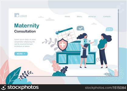 Maternity consultation landing page template. Beauty pregnant woman gets advice from gynecologist. Doctor gives pregnancy advice.Medical consulting services. Female characters,clinic on background. Vector