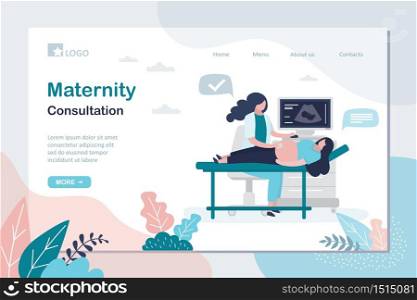 Maternity consultation landing page template. Doctor makes an ultrasound to pregnant woman. Clinical examination, prenatal health care concept. Female characters in trendy style. Vector illustration