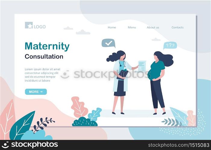 Maternity Consultation landing page template. Pregnant woman at the gynecologist&rsquo;s appointment. Recommendations of a physician concept. Prenatal medicine,female characters. Trendy vector illustration
