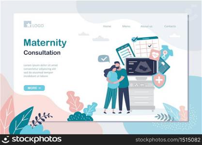 Maternity consultation landing page template. Prenatal health care concept. Love couple,ultrasound machine and medical signs. Pregnancy Planning. Happy pregnant woman and husband. Vector