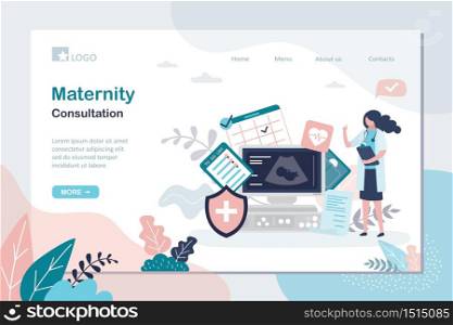 Maternity consultation landing page template. Prenatal health care concept. Female doctor,ultrasound machine and medical signs. Pregnancy Planning and To Do List. Trendy style vector illustration