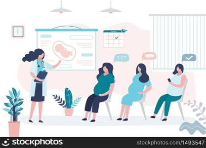 Maternity Courses concept. Pregnancy seminar. Group of pregnant women and doctor coach. Health care banner. Motherhood and medical education. Trendy style vector illustration