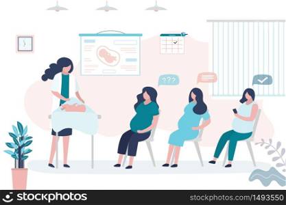 Maternity Courses concept. Pregnancy seminar. Group of pregnant women and doctor coach. Health care banner. Motherhood and medical education. Trendy style vector illustration