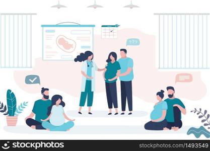 Maternity Courses concept. Pregnancy seminar. Group of pregnant women with husbands and doctor coach. Health care banner. Motherhood,parenthood and medical education. Trendy vector illustration