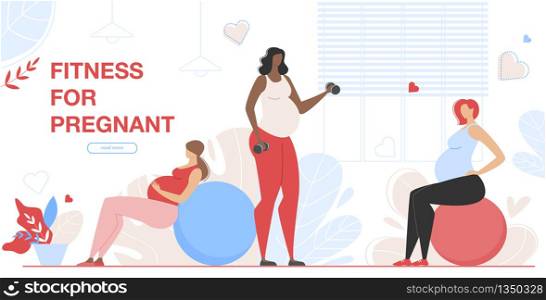 Maternity Group Fitness Class with Aerobic Muscles, Fitball and Balance Exercises for Pregnant Women. Girls Prepare to Childbirth Working Out in Gym Cartoon Flat Vector Illustration, Horizontal Banner. Maternity Group Fitness Class for Pregnant Women