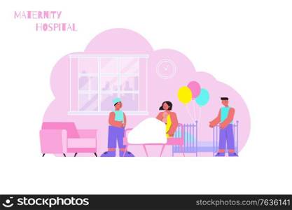 Maternity hospital flat composition with indoor scenery of mother in ward with festive balloons and obstetrician vector illustration