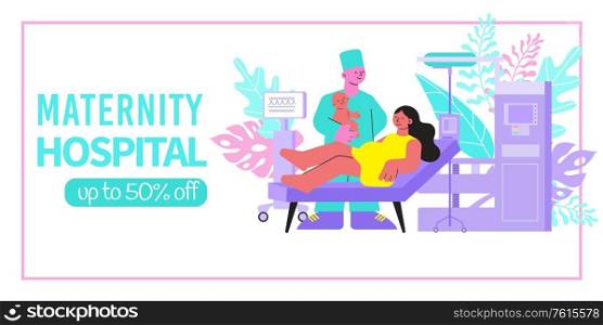 Maternity hospital horizontal banner with editable text discount and flat images of mother in birthing home vector illustration