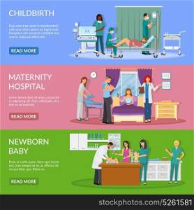 Maternity Hospital Horizontal Banners . Maternity hospital horizontal banners set of childbirth newborn baby happy father flat compositions vector illustration