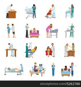 Maternity Hospital Nursery Set. Maternity hospital newborn baby nursery birth attendant and pregnant women human characters collection of isolated images vector illustration