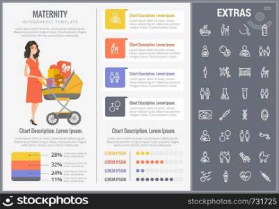 Maternity infographic template, elements and icons. Infograph includes customizable graphs, charts, line icon set with pregnant woman, breast feeding, child care, reproductive technologies etc.. Maternity infographic template, elements and icons