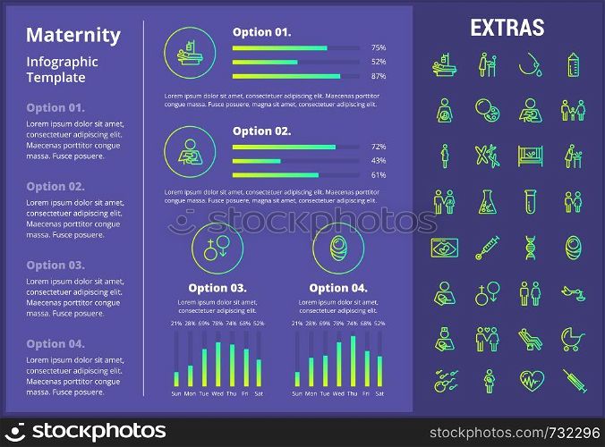 Maternity infographic template, elements and icons. Infograph includes customizable graphs, four options, line icon set with pregnant woman, breast feeding, child care, reproductive technologies etc.. Maternity infographic template, elements and icons