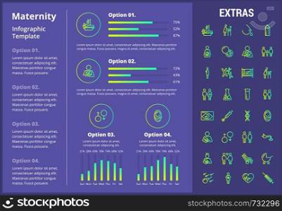 Maternity infographic template, elements and icons. Infograph includes customizable graphs, four options, line icon set with pregnant woman, breast feeding, child care, reproductive technologies etc.. Maternity infographic template, elements and icons