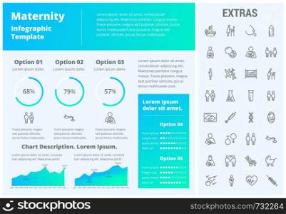 Maternity infographic template, elements and icons. Infograph includes customizable graphs, three options, line icon set with pregnant woman, breast feeding, child care, reproductive technologies etc.. Maternity infographic template, elements and icons