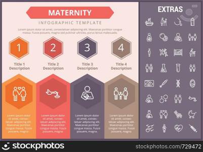 Maternity infographic timeline template, elements and icons. Infograph includes numbered options, line icon set with pregnant woman, breast feeding, child care, reproductive technologies, newborn etc.. Maternity infographic template, elements and icons