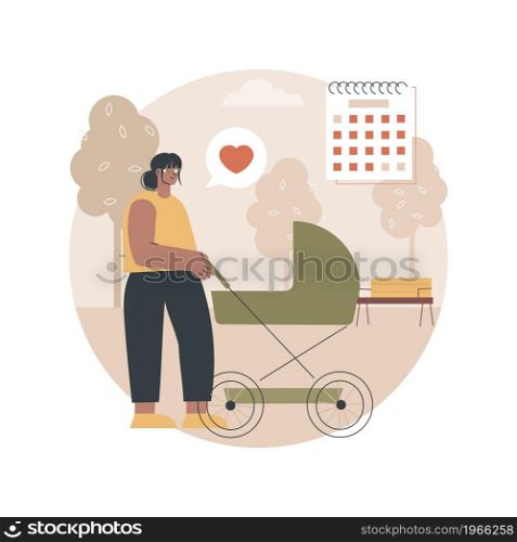 Maternity leave abstract concept vector illustration. Pregnant woman, expecting a baby, happy mother, working mom, home office, care for children, baby carriage, family walk abstract metaphor.. Maternity leave abstract concept vector illustration.