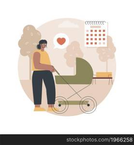 Maternity leave abstract concept vector illustration. Pregnant woman, expecting a baby, happy mother, working mom, home office, care for children, baby carriage, family walk abstract metaphor.. Maternity leave abstract concept vector illustration.