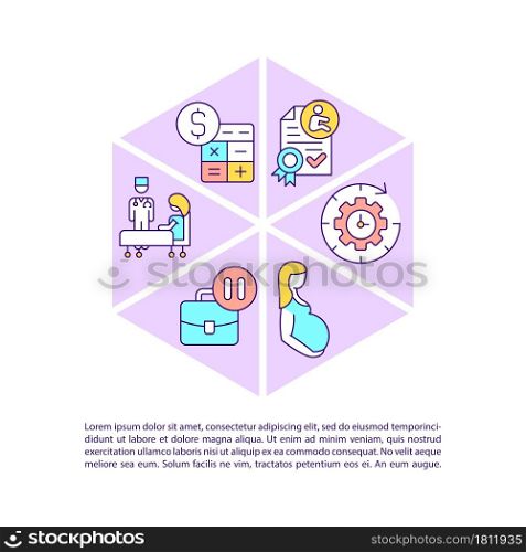 Maternity leave concept line icons with text. PPT page vector template with copy space. Brochure, magazine, newsletter design element. Leave to take care after child linear illustrations on white. Maternity leave concept line icons with text