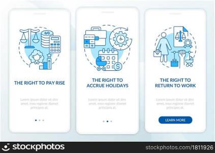 Maternity leave employee rights blue onboarding mobile app page screen. Entitlements walkthrough 3 steps graphic instructions with concepts. UI, UX, GUI vector template with linear color illustrations. Maternity leave employee rights blue onboarding mobile app page screen