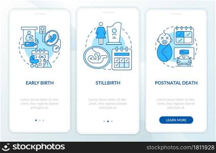 Maternity leave entitlement cases blue onboarding mobile app page screen. Walkthrough 3 steps graphic instructions with concepts. UI, UX, GUI vector template with linear color illustrations. Maternity leave entitlement cases blue onboarding mobile app page screen