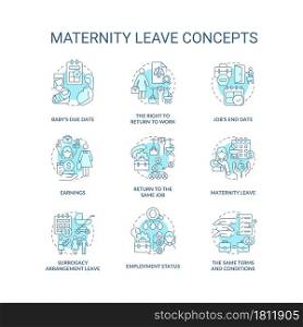 Maternity leave related blue concept icons set. Employee rights idea thin line color illustrations. New parents protection at workplace. Vector isolated outline drawings. Editable stroke. Maternity leave related blue concept icons set