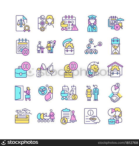 Maternity leave related RGB color icons set. Work absence to take care after newborn. Prenatal and postnatal leave. Isolated vector illustrations. Simple filled line drawings collection. Maternity leave related RGB color icons set