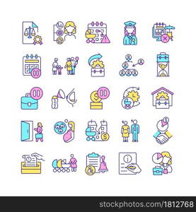 Maternity leave related RGB color icons set. Work absence to take care after newborn. Prenatal and postnatal leave. Isolated vector illustrations. Simple filled line drawings collection. Maternity leave related RGB color icons set
