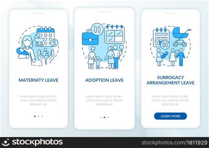 Maternity leave types blue onboarding mobile app page screen. Adoption, surrogacy walkthrough 3 steps graphic instructions with concepts. UI, UX, GUI vector template with linear color illustrations. Maternity leave types blue onboarding mobile app page screen