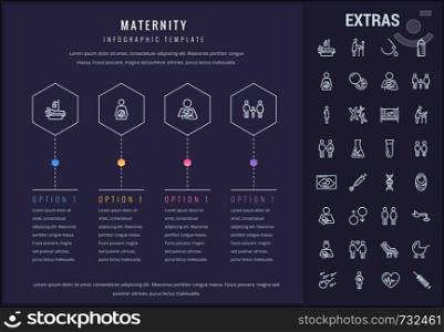 Maternity options infographic template, elements and icons. Infograph includes line icon set with pregnant woman, breast feeding, child care, reproductive technologies, ultrasound scan, baby etc.. Maternity infographic template, elements and icons