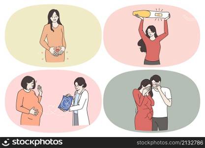 Maternity pregnancy and healthcare concept. Set of happy pregnant woman looking at ultrasound from doctor feeling happy knowing of pregnancy and unhappy couple crying losing baby vector illustration. Maternity pregnancy and healthcare concept