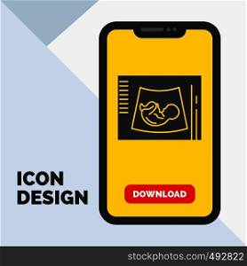 Maternity, pregnancy, sonogram, baby, ultrasound Glyph Icon in Mobile for Download Page. Yellow Background. Vector EPS10 Abstract Template background