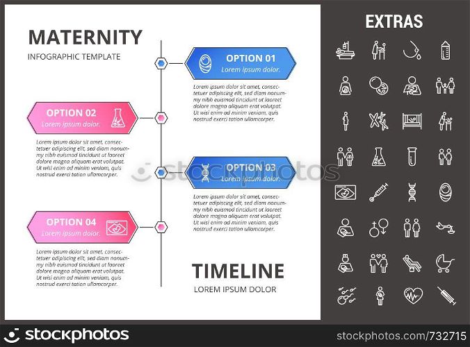 Maternity timeline infographic template, elements and icons. Infograph includes options with years, line icon set with pregnant woman, breast feeding, child care, reproductive technologies, baby etc.. Maternity infographic template, elements and icons