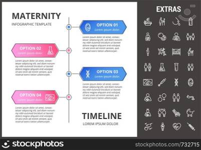 Maternity timeline infographic template, elements and icons. Infograph includes options with years, line icon set with pregnant woman, breast feeding, child care, reproductive technologies, baby etc.. Maternity infographic template, elements and icons