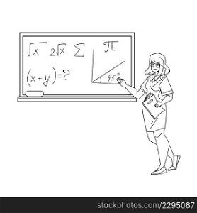 Math Education Lesson Teach Woman Teacher Black Line Pencil Drawing Vector. Young Girl Teaching Math Education In Classroom And Writing Mathematical Formula On Blackboard. Character Mathematic. Math Education Lesson Teach Woman Teacher Vector