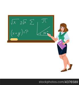 Math Education Lesson Teach Woman Teacher Vector. Young Girl Teaching Math Education In Classroom And Writing Mathematical Formula On Blackboard. Character Mathematic Flat Cartoon Illustration. Math Education Lesson Teach Woman Teacher Vector