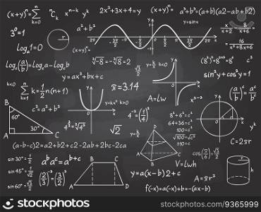 Math formula. Mathematics calculus on school blackboard. Algebra and geometry science chalk pattern vector education concept. Scientific analysis, number calculation, complex knowledge. Math formula. Mathematics calculus on school blackboard. Algebra and geometry science chalk pattern vector education concept