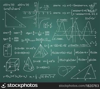 Math formulas. Chalk board background mockup with algebraic and geometric graphs, functions and drawings. Doodles style handwritten mathematical calculation. Trigonometry lesson. Vector exact science. Math formulas. Chalk board background with algebraic and geometric graphs, functions and drawings. Doodles handwritten mathematical calculation. Trigonometry lesson. Vector exact science