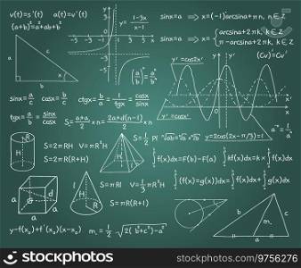 Math formulas. Chalk board background mockup with algebraic and geometric graphs, functions and drawings. Doodles style handwritten mathematical calculation. Trigonometry lesson. Vector exact science. Math formulas. Chalk board background with algebraic and geometric graphs, functions and drawings. Doodles handwritten mathematical calculation. Trigonometry lesson. Vector exact science